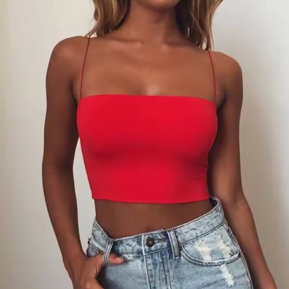 NWT - Cami Crop Top Spaghetti Strap Plain Red Camisole Medium Sleeveless TubeTop - Picture 2 of 3